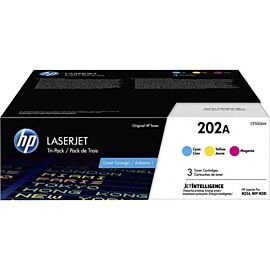HP CF500AM 202A 3-Pack Laser, 1300 Pages Cyan, 1300 Pages Magenta, 1300 Pages Yellow, High Yield, Toner Cartridge