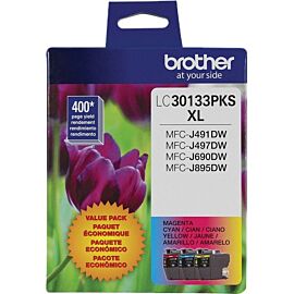 Brother LC30133PKS Tri-pack, Cyan, Magenta, Yellow, Inkjet, High Yield, 400 Pages, 1 Pack Original Ink Cartridge